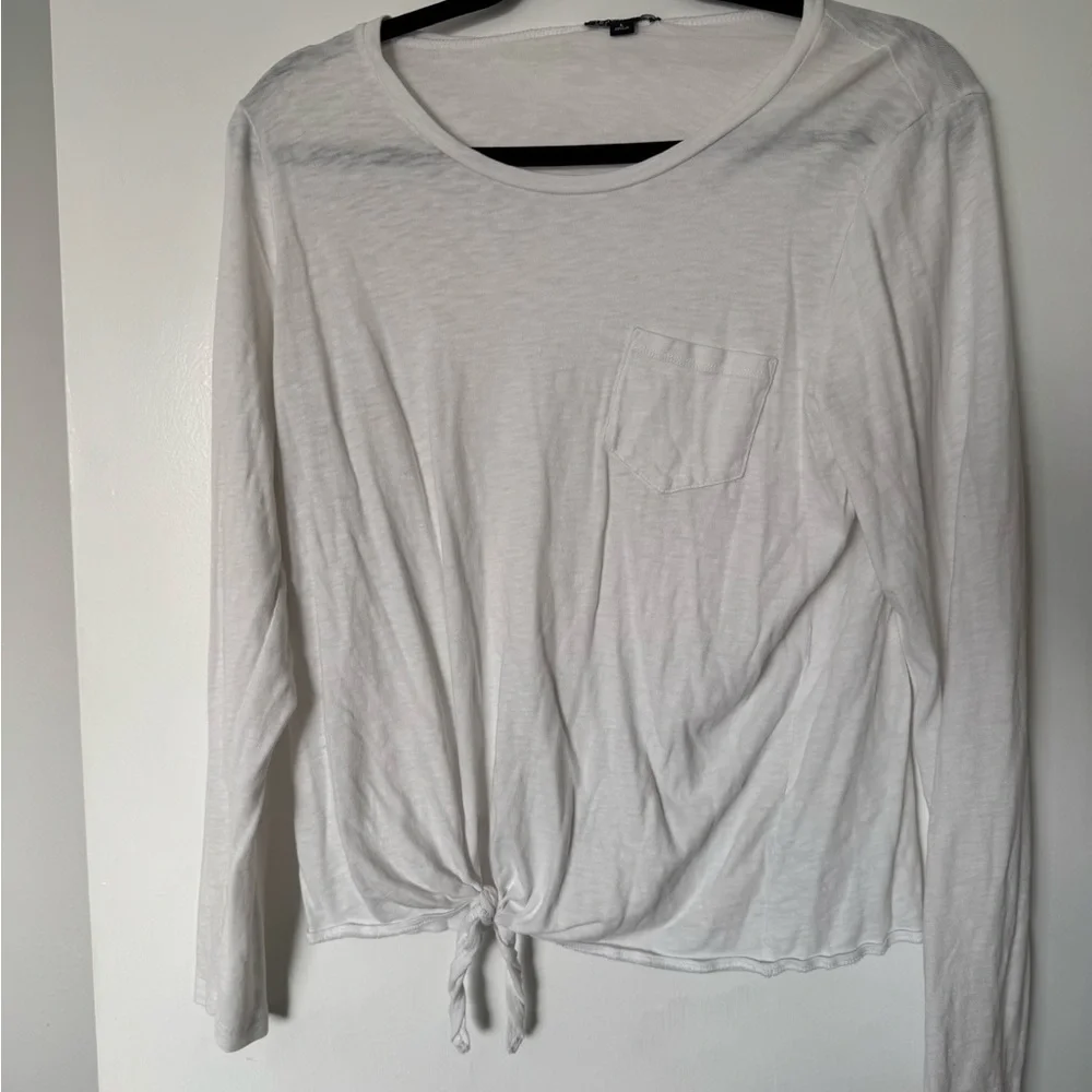 J. Crew Mercantile White Long Sleeve Tie-Front Top with Pocket - Picture 4 of 5